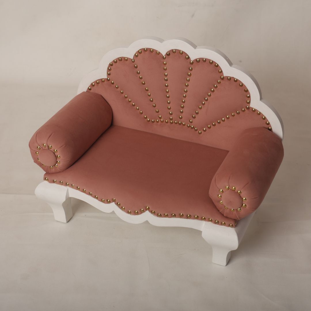 A luxurious royal sofa baby prop with intricate detailing and plush cushioning, designed for newborn and sitter photoshoots, offering an elegant and comfortable setting for capturing regal baby portraits.