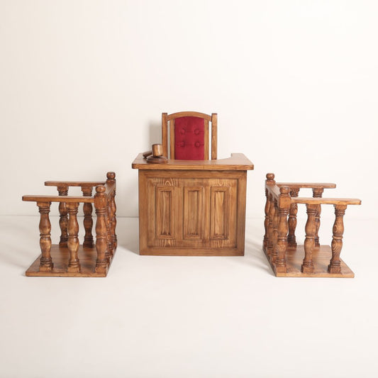 A set of courtroom-themed baby props, including a miniature judge's chair, a judge's table, a witness stand, and a tiny gavel. The props are designed for baby photoshoots, showcasing playful details and realistic features that create an engaging scene for photographers.