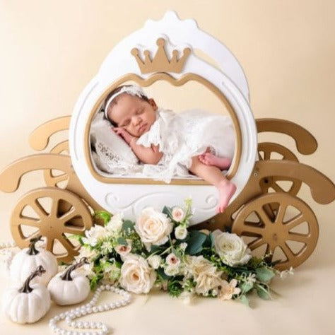 It is designed to resemble a fairy tale-style carriage, typically associated with princesses in stories like Cinderella. Here we have "A Princess Carriage" baby prop for baby photography sessions. 